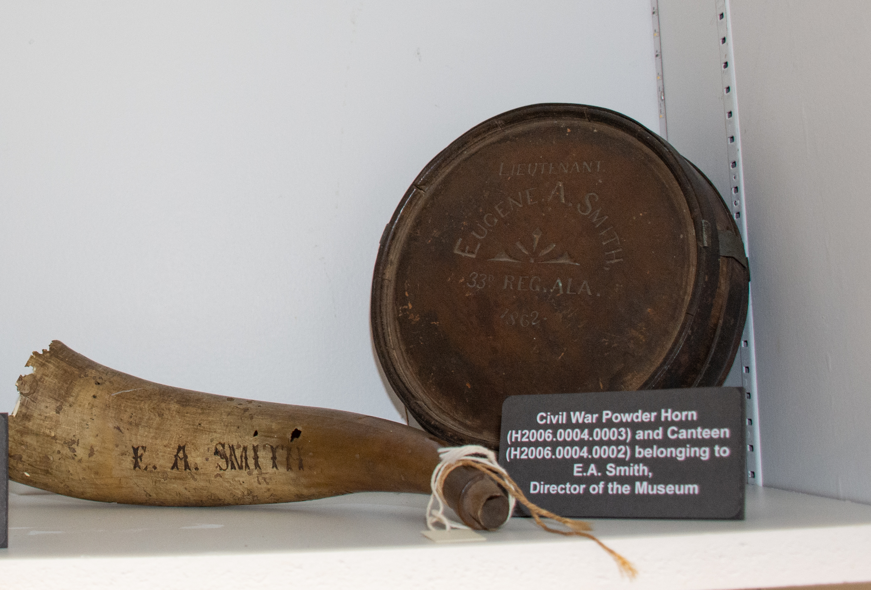 Civil War Powder Horn(left) and Canteen(right), belonging to E.A. Smith, Director of Museum