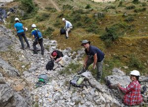 Italian, Japanese, Slovakian, Dutch, and Argentinian colleagues smashing limestones in search for decapods in Koskobilo. Photo: Dr. Adiel Klompmaker